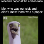 Stunned bird | Professor: Everyone hand in your research paper at the end of class. Me, who was out sick and didn’t know there was a paper: | image tagged in stunned bird | made w/ Imgflip meme maker
