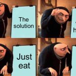 Durrr | The solution; To world hunger; Just eat; Just eat | image tagged in memes,gru's plan | made w/ Imgflip meme maker
