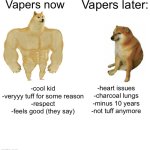 lol so tuff indeed | Vapers later:; Vapers now; -heart issues
-charcoal lungs
-minus 10 years
-not tuff anymore; -cool kid
-veryyy tuff for some reason
-respect
-feels good (they say) | image tagged in memes,buff doge vs cheems,vaping,gifs,funny memes,funny | made w/ Imgflip meme maker