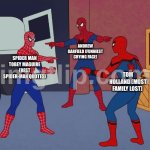 Spider Man Triple | ANDREW GARFIELD (FUNNIEST CRYING FACE); SPIDER MAN TOBEY MAGUIRE (BEST SPIDER-MAN QUOTES); TOM HOLLAND (MOST FAMILY LOST) | image tagged in spider man triple,todey maguire,andrew garfield,tom holland,marvel | made w/ Imgflip meme maker