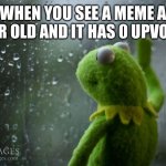 its sad | WHEN YOU SEE A MEME A YEAR OLD AND IT HAS 0 UPVOTES | image tagged in kermit window,funny,memes,imgflip,sad | made w/ Imgflip meme maker