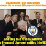 City finna win the Prem again... Here lies Arsenal's title dreams | BREAKING NEWS | Marc Guehi will join Manchester City for around $27m, reports Fabrizio Romano; and they said Arsenal will win the Prem and Liverpool getting into UCL... | image tagged in memes,laughing men in suits,manchester city,arsenal,premier league,sports | made w/ Imgflip meme maker