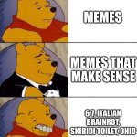 Best,Better, Blurst | MEMES; MEMES THAT MAKE SENSE; 6 7, ITALIAN BRAINROT, SKIBIDI TOILET, OHIO | image tagged in best better blurst,great meme reset,67 sucks | made w/ Imgflip meme maker