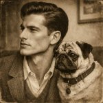 Make a man showing his sharp jawline and he's next to a pug dog