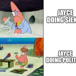 Day 418 of Arcane memes until the next season/series comes out. | JAYCE DOING SIENCE; JAYCE DOING POLITICS | image tagged in patrick scientist vs patrick nail,arcane | made w/ Imgflip meme maker
