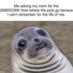 I can't even remember the simplest things sometimes lol | Me asking my mom for the 328965236th time where the pots go because I can't remember for the life of me: | image tagged in memes,awkward moment sealion,funny | made w/ Imgflip meme maker