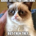 Grumpy Cat | WHEN YOUR FRIEND WAS ABOUT TO TELL YOU SOMETHING; BUT THEN THEY SAY "NEVERMIND" | image tagged in memes,grumpy cat,funny,cat,relatable | made w/ Imgflip meme maker