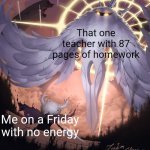 Wait NO | That one teacher with 87 pages of homework; Me on a Friday with no energy | image tagged in hollow knight and absolute radiance | made w/ Imgflip meme maker