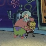 Squidward being hugged by Spongebob and Patrick