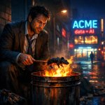 A man with a 3 day beard wearing a rumpled business suit, on a d