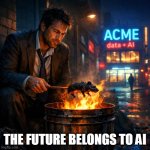 A man with a 3 day beard wearing a rumpled business suit, on a d | THE FUTURE BELONGS TO AI | image tagged in a man with a 3 day beard wearing a rumpled business suit on a d | made w/ Imgflip meme maker