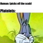 Platelets vs Human | Platelets: let’s make a scab to stop the bleeding; Human: (picks off the scab); Platelets:; Am I a joke to you? | image tagged in disapointed bugs bunny | made w/ Imgflip meme maker