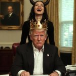 King Donald Trump pressing Red Button Satan lauging