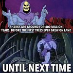 based on an AI video | SHARKS ARE AROUND FOR 400 MILLION YEARS, BEFORE THE FIRST TREES EVER GREW ON LAND; UNTIL NEXT TIME | image tagged in he man skeleton advices | made w/ Imgflip meme maker