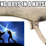 Men in a nutshell outside | YOUNG BOYS IN A NUTSHELL | image tagged in stick that looks like gun,lightsaber,childhood,boys,the good old days,camping or hiking when men find a stick 101 | made w/ Imgflip meme maker