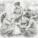 Friends helping eachother inside a house