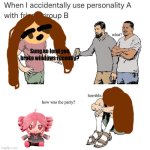 I made this meme with my oc and a Teto plush for some reason (let's just say Teto is her friend) | Sung so loud you broke windows recently? | image tagged in when i accidentally use personality a with friend group b,oc,oc memes,original character,himi my oc,teto plush | made w/ Imgflip meme maker
