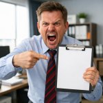 guy pointing at clipboard with paper, enraged. In an office