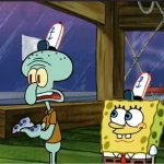 Squidward confused and Spongebob smiling
