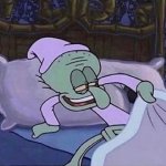 Squidward sneaking out of bed