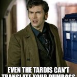 doctor who is confused | EVEN THE TARDIS CAN'T TRANSLATE YOUR DUMBASS | image tagged in doctor who is confused | made w/ Imgflip meme maker