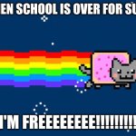 FREEDOM!!!!!!!!!!!!!!!!!!!!! | ME WHEN SCHOOL IS OVER FOR SUMMER; I'M FREEEEEEEE!!!!!!!!! | image tagged in nyan cat,freedom | made w/ Imgflip meme maker