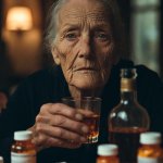 Old woman drinking pills liquor suicide alcoholism