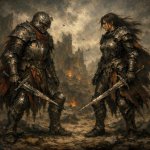 Two powerful warriors facing each other, each of them having bro