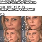 Thet just can't be consistent | PROGRESSIVES: TRANS CHARACTERS SHOULD ONLY BE PLAYED BY TRANS ACTORS; ALSO PROGRESSIVES: ZELDA SHOULD BE PLAYED BY A TRANS WOMAN; ME: | image tagged in math lady/confused lady,legend of zelda,movie,trans,woke | made w/ Imgflip meme maker