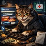 A cat sitting behind a computer scamming people over the interne