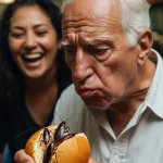 Elderly man hamburger cockroaches laughing woman