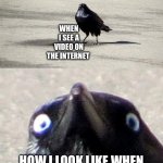 insanity crow | WHEN I SEE A VIDEO ON THE INTERNET; HOW I LOOK LIKE WHEN I'M LOOKING TO SEE IF IT IS AI | image tagged in insanity crow | made w/ Imgflip meme maker