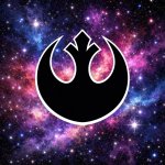 A black rebel alliance symbol outlined in white on a galaxy back