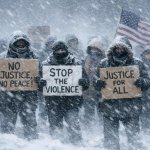 protesters standing in a blizzard