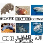 your crush but animals that survived mass extinctions | HER FATHER; YOUR CRUSH; HER BROTHER; HER EX; THE MAN
SHE WANTS; YOU | image tagged in make your own meme | made w/ Imgflip meme maker