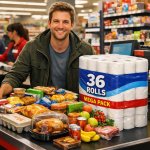man at the grocery store checkout cashier, with piles of food at