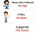 Never ask a woman her age | A Ipad Kid; His hours | image tagged in never ask a woman her age | made w/ Imgflip meme maker