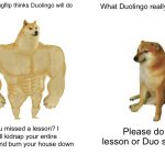 When I first missed a lesson I actually thought I was dead | What Imgflip thinks Duolingo will do; What Duolingo really does; You missed a lesson? I will kidnap your entire family and burn your house down; Please do lesson or Duo sad :( | image tagged in memes,buff doge vs cheems,duolingo,duolingo bird,funny,real | made w/ Imgflip meme maker