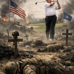 Donald Trump golfing in a warzone meme