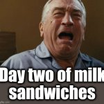 The hellish 2026 Snowmageddon | Day two of milk
sandwiches | image tagged in deniro crying,memes,milk sandwiches,blizzard,snow,panic | made w/ Imgflip meme maker