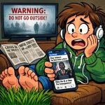 person sitting on their couch with their feet in grass with head