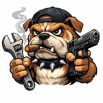 cigar smoking bulldog with wrench and gun