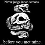 HEAVY METAL SKULL | Never judge inner demons; before you met mine. | image tagged in heavy metal skull | made w/ Imgflip meme maker