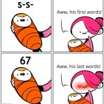 Leave it in 2025 people | s-s-; 67 | image tagged in aww his last words,67,brainrot | made w/ Imgflip meme maker