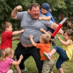 a fat man fighting with little kids