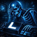 sad blue skeleton and keyboard with large L key