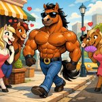 a buff horse walking down the street while lady horses check him