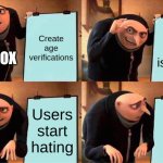 TAKE DOWN THE VERIFICATIONS | Create age verifications; "The game is safer"; ROBLOX; Users start hating; Users start hating | image tagged in memes,gru's plan | made w/ Imgflip meme maker