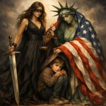 Justice with a sword and a black dress stands next to lady liber