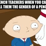Bonjour you can’t tell gender of pencil | FRENCH TEACHERS WHEN YOU CAN’T TELL THEM THE GENDER OF A PENCIL: | image tagged in gifs,funny,memes,relatable,stewie griffin,french | made w/ Imgflip video-to-gif maker